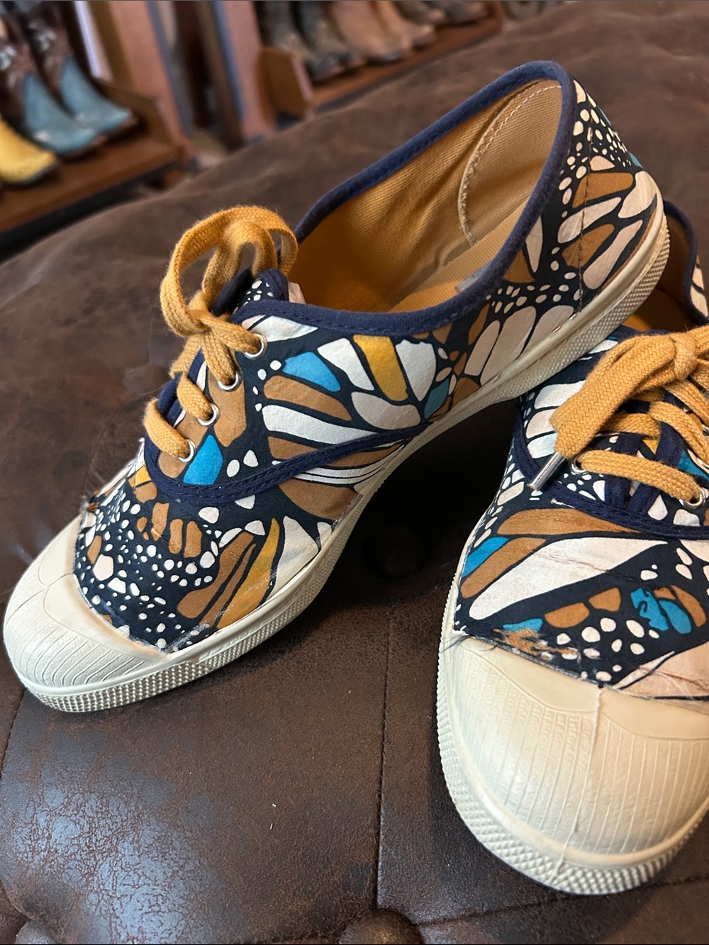 Bensimon Navy Canvas Sneakers with Mustard and Teal Floral Accents